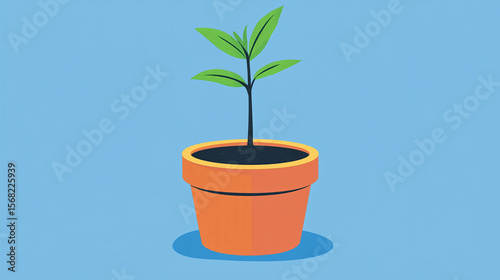 Small green plant growing in simple orange pot with soil on blue background, symbolizing growth and nature in minimal flat design style