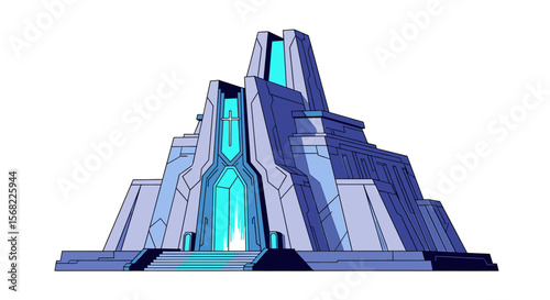Futuristic, towering structure;  geometric design, glowing cyan entrance, imposing, monumental architecture.