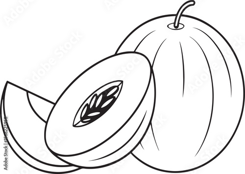 Simple black and white illustration of a cantaloupe melon and sliced pieces