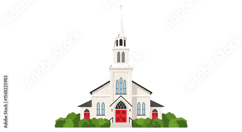 A simple illustration of a white church building with a tall steeple and red doors.