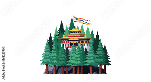 Illustration of a traditional Bhutanese building nestled among trees, with a colorful flag waving atop.