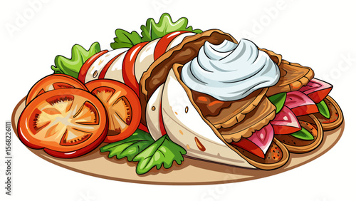 Gyros meat, from Greece, is sliced thin, layered with creamy tzatziki and tomato, capturing texture contrast on a clean white background.