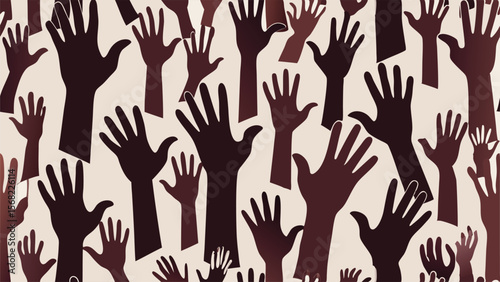 Numerous dark brown hands raised in a pattern against a light beige background raised hands