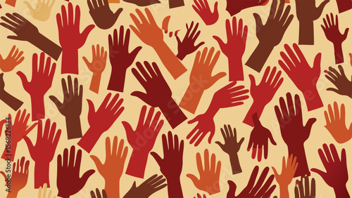 Numerous diverse hands raised in various shades of red and brown against a beige background