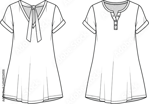 Front and back flat sketch of women's short sleeve tunic top, fashion technical drawing, vector apparel template for design, clothing illustration