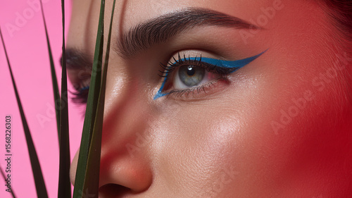 Ethereal Beauty: A close-up captures a captivating gaze framed by intricate blue eyeliner and lush greenery, evoking a sense of delicate and mesmerizing aesthetics