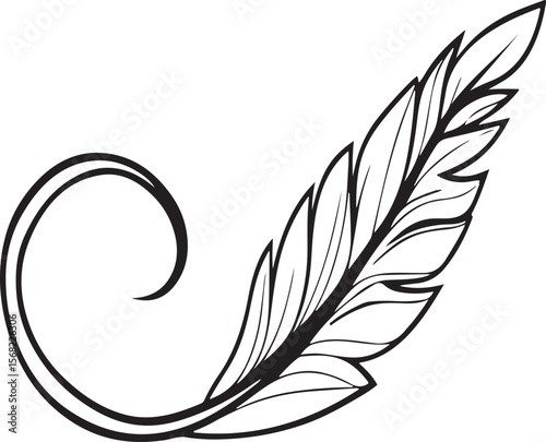 Elegant black and white vector illustration of a decorative feather design element