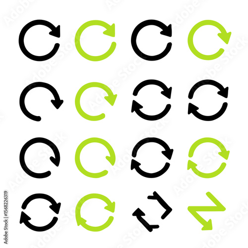 Black and Green Arrow Icons: Circular, Reversal, and Zigzag Directional Symbols