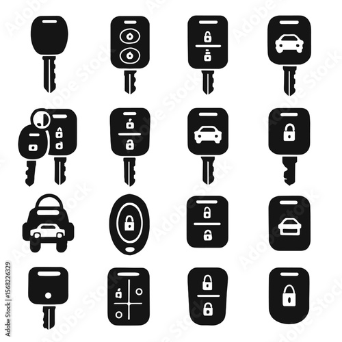 Black and white car key icons with car, lock and button symbols