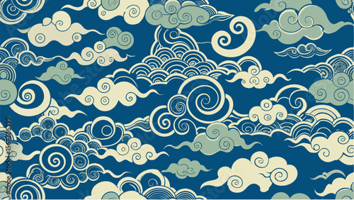 Traditional Japanese swirling clouds pattern in blue and cream Japanese clouds cloud pattern