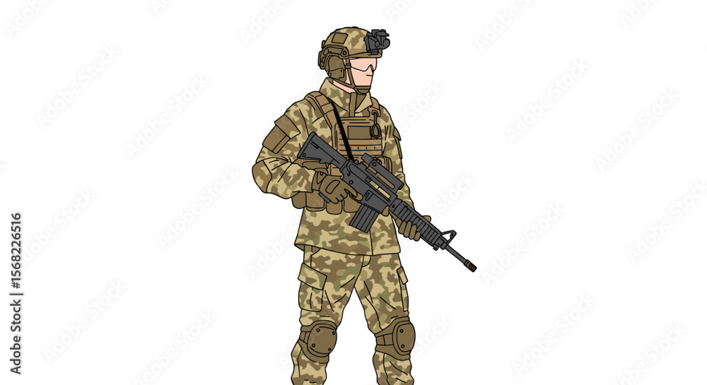 Camouflaged Soldier with Assault Rifle and Tactical Gear, Standing at Attention Camouflaged Soldier with Assault Rifle and Tactical Gear, Standing at Attention