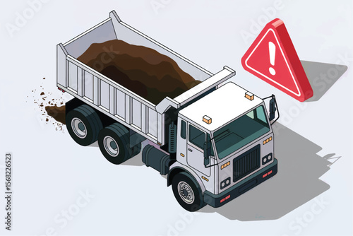 Isometric illustration of a white dump truck loaded with dirt and a red warning sign indicating a potential hazard isolated on white background
