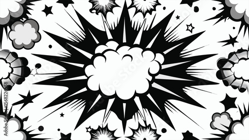 Black and white comic book explosion burst with stars and smoke clouds boom