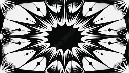 Black and white abstract explosion burst with sharp points and circles comic boom
