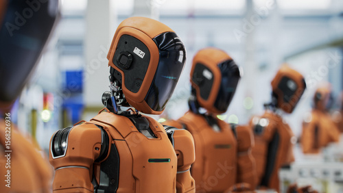 3D Render: Portrait of Orange AI-Enabled Humanoid Industrial Robot with Black Visor. Autonomous Humanoid Robots Stading in a Row on Conveor Line at Fullfilment Center.