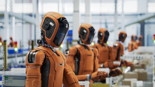 3D Render: Autonomous Humanoid Robots Stading in a Row on Conveor Line at Fullfilment Center. Portrait of Orange AI-Enabled Humanoid Industrial Robot with Black Visor in Industrial Environment