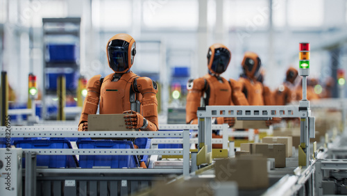 3D Render: Orange Autonomous AI-Enabled Humanoid Robot Working at Fulfillment Center. He is Sorting Packages and Moving Boxes. Automated Warehouse or Logistics Center with General Purpose Robots