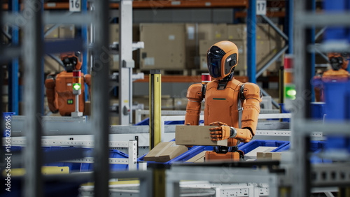 3D Render: Autonomous AI-Enabled Humanoid Robot Works at Warehouse. He is Moving Boxes and Sorting Packages. Automated Fulfillment Center or Logistics Center with General Purpose Orange Robots