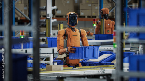 3D Render: Autonomous AI-Enabled Humanoid Robot is Moving Boxes and Sorting Packages. Automated Fulfillment Center or Logistics Center with General Purpose Humanoid Robots. Industrial Environment