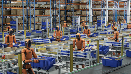 3D Render: Automated Warehouse or Logistics Center Full of General Purpose Humanoid Robots. Autonomous AI-Enabled Orange Robots Work at Fulfillment Center. Humanoid Robots in Industrial Environment