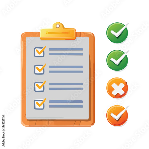 Clipboard with checkmarks and cross symbols green and orange icons checklist check mark