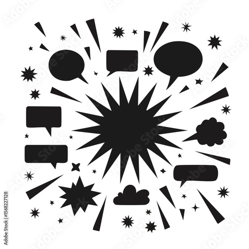 Black comic book explosion shapes and speech bubbles on white burst boom
