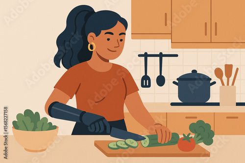 Vector illustration of confident young woman with arm prosthesis preparing vegetables in modern kitchen
