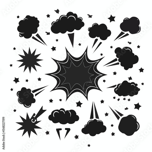 Black comic book explosion burst shapes and stars graphic elements boom