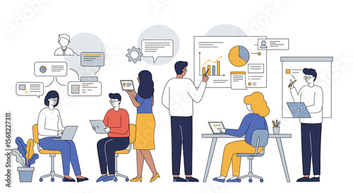 Diverse team collaborating on data analysis, presentations, and strategic planning in a modern office