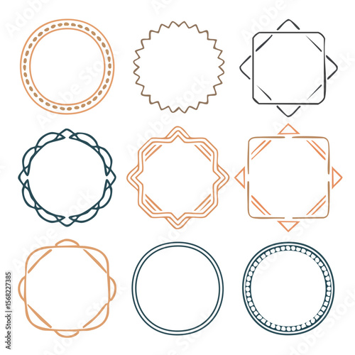 Collection of nine decorative geometric frames in brown and teal border circle