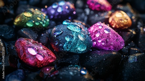 Colorful Water Droplets on Stylish Pebbles and Stones