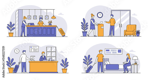 Hotel scenes depicting check-in, reception, and guest room illustrations.