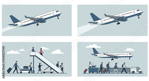 Illustrated Airplane Scenes: Departure, Arrival, and Passenger Transportation