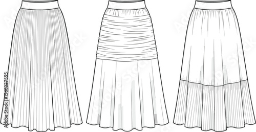 Long pleated skirts, ruched skirt design, women’s fashion illustration, vector fashion template, technical flat sketch, skirt front view drawing, apparel design