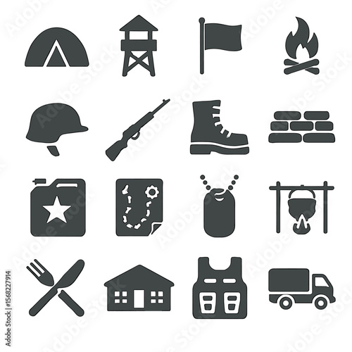 Military Icons: Tent, Watchtower, Flag, Campfire, Helmet, Rifle, Boot, Wall, Canister, Map, Tag, Pot, Utensils, House, Vest, Truck