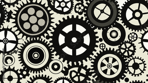 Black and beige vector illustration of interlocking gears and cogwheels mechanical