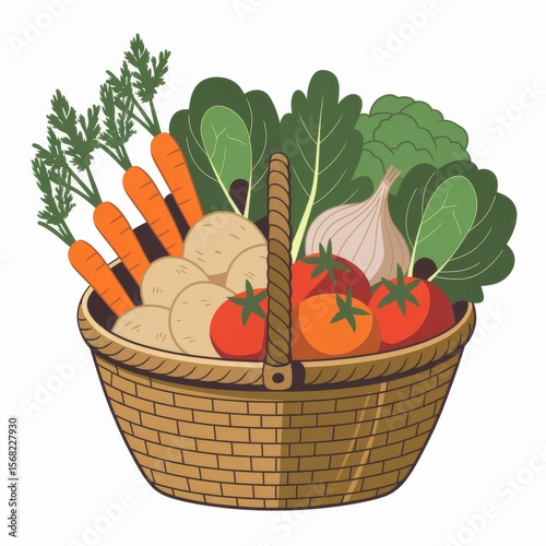 Vector style illustration of a basket full of different vegetables.