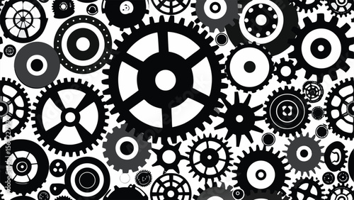 Black and white vector graphic of interlocking gears and cogwheels mechanical machinery