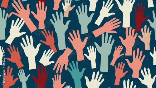 Many raised hands in various colors on a dark blue background open hands human hand
