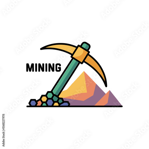 Mining Pickaxe Icon with Colorful Gems and Mountains