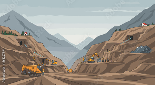 Mining Operation Depicted with Excavators, Workers, and Mountainous Landscape.