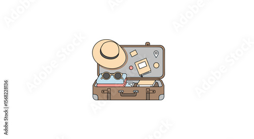 Open Vintage Suitcase Filled with Travel Essentials