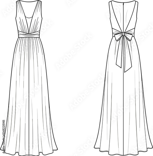 Elegant long evening gown fashion sketch, front and back view, sleeveless dress design template, women's formal wear illustration, minimalist line drawing.