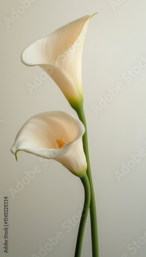 Elegant white calla lilies gracefully arranged on a neutral background enhancing home decor
