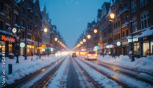 Close up Snowy City Street at Night with Blurred Lights and Reflections
