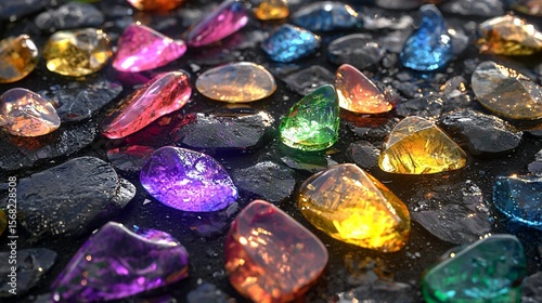 Colorful Decorative Gems on Wet Surface at Sunrise