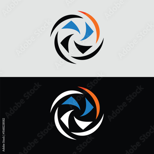 A dynamic circular logo design with rotating arrows is isolated on white background