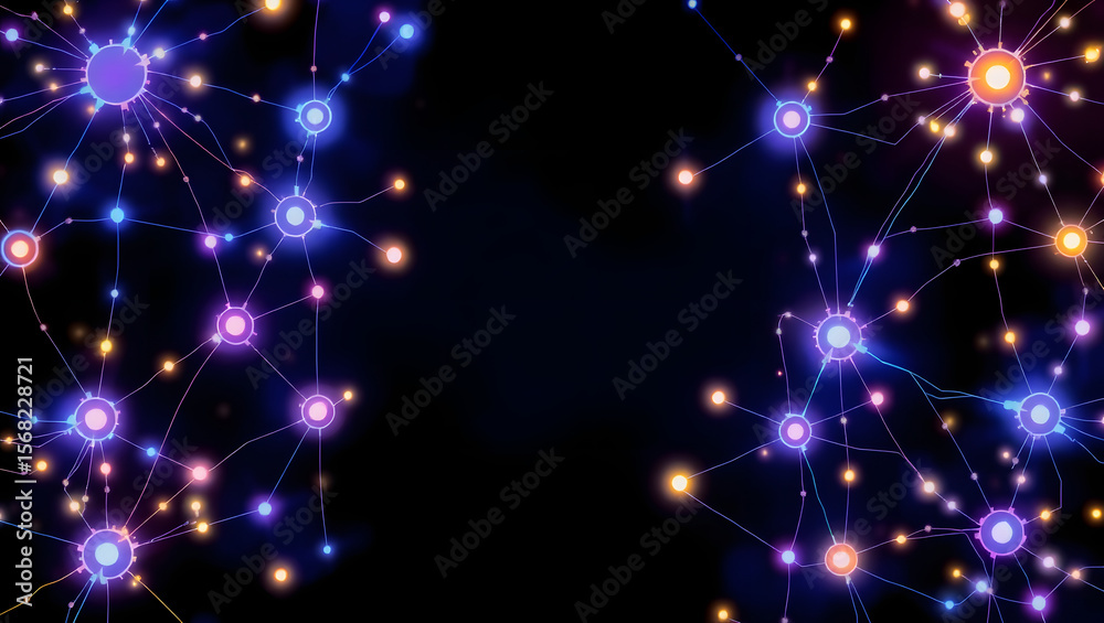 Fototapeta premium Neural Network Connection: Abstract visualization of a neural network, showcasing interconnected nodes emitting vibrant, glowing light against a dark background.
