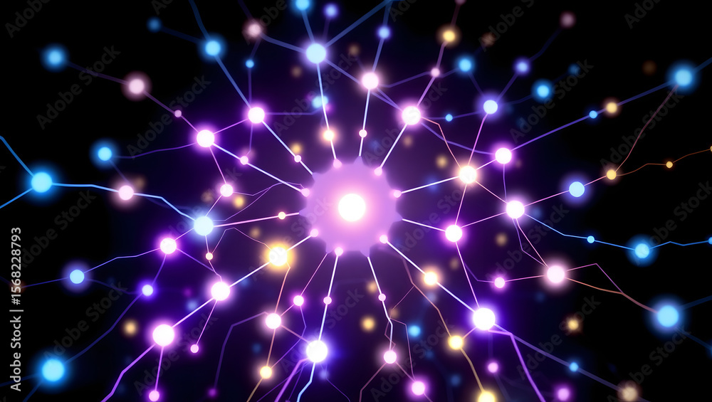 Naklejka premium Neural Network Glowing: Abstract representation of a neural network, glowing with vibrant colors and interconnected nodes, symbolizing artificial intelligence, connection, and complexity.