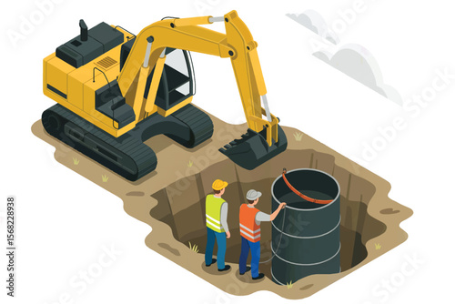 Construction workers and excavator in a trench installing a large pipe with safety equipment isolated on white backgroundd